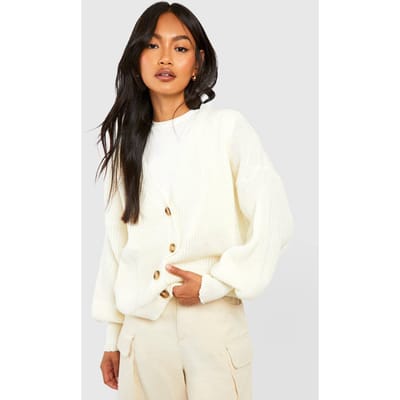 boohoo Dames Ballonmouw Knop-door Rib Cardigan | Ivoor | Maat: Medium