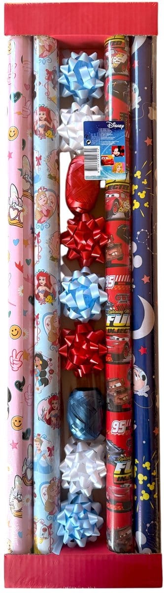 Disney Cadeaupapier Set – 4 Rollen van 70 × 200 cm – Cars, Mickey & Minnie, Prinsessen en Katrien Duck – Met Lint en Strikken