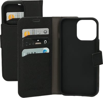 Mobiparts hoesje geschikt voor Apple iPhone 13 Pro - Saffiano Wallet/Portemonnee hoesje - Magneet Sluiting - 3 Opbergvakken - Zwart