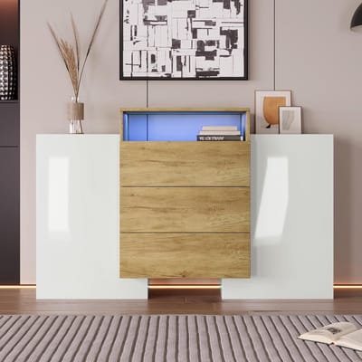 De kast met LED-verlichting, bijzetkast van 140 cm, glanzende opbergruimte.