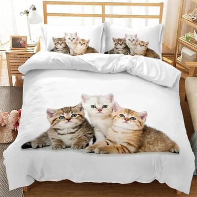 3D Digitale Print 2/3-delig Dieren Kat Patroon Dekbedovertrek Kussensloop Tweepersoons Bed Set Overtrek Dekbed Zachte Microvezel Beddengoedset 135X200cm-2pcs white