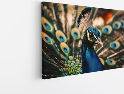 Saammp Canvas Schilderij - Pauw close-up - Bloemen - Dieren - Natuur - 45x30 - Foto op canvas - Wanddecoratie - muurdecoratie Woonkamer - Slaapkamer decoratie - Canvas Print