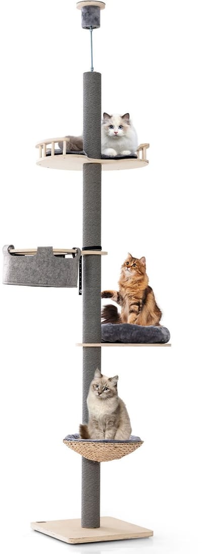 COSTWAY Krabpaal plafondhoog, 236-271 cm, van vloer tot plafond, 5 verdiepingen, kattenkrabpaal hoog, klimboom met hangmat en mand en bed, kattenmeubel, hout, grijs