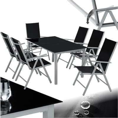 tectake® Tuinset - Tuintafel met Tuinstoelen - 6 Stoelen en 1 Tuintafel met Glazen Blad - Weerbestendige Tuinmeubelset voor het balkon of tuin - 6 Personen - Lichtgrijs