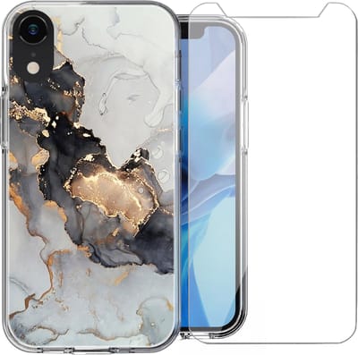 Hoesje geschikt voor iPhone XR - Siliconen Shock Proof Case Back Cover Hoes Marmer Goud + Screenprotector Gehard Glas Screen Protector