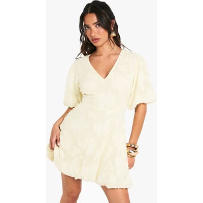 boohoo Dames Petite Floral Burnout Diep-Uitgesneden Puffball Mini-jurk | Citroen | Maat: 36