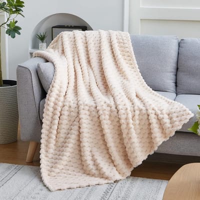 Fleece deken voor thuis, tweepersoonsformaat, geschikt voor bank of bed - 3D imitatie schildpad jacquard decoratieve deken - comfortabele, zachte en lichtgewicht fleece flanellen deken, geschikt voor alle seizoenen (152 cm x 203 cm, beige)