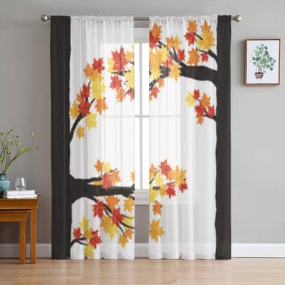 Herfst Esdoornbladeren Op Takken Transparante Gordijnen Voor Woonkamerraam Transparant Voile Tule Gordijn Slaapkamer Gordijnen Huisdecoratie 135W x 114H(cm) black
