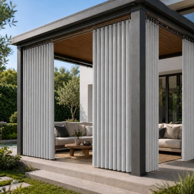 MUPOO Linnenlook Extra Brede Buitengordijn Waterdicht met ringen-230 GSM- Privacy & Verduisterend - Premium Polyester -Vormvaste Plooien - outdoor gordijin voor pergola, overkapping & Terra -grijs- 254x214 cm- 2 stuks