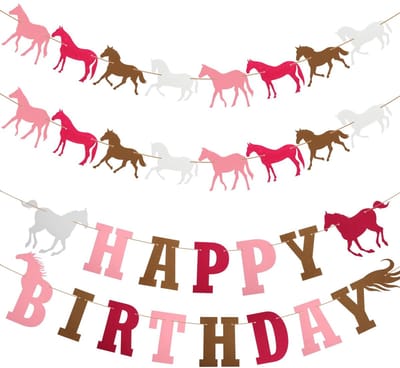 Dailygoody - Paardenverjaardagsdecoratie - Happy Birthday-slinger - Vilt - Roze - Feestaccessoires - Verjaardag - Paardensport