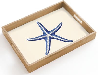 Dienblad hout 40x30 cm - Schootdienblad - Blauwe zeester - Minimalistisch - Beige - Borrelplank rechthoek - Plateau dienbladen