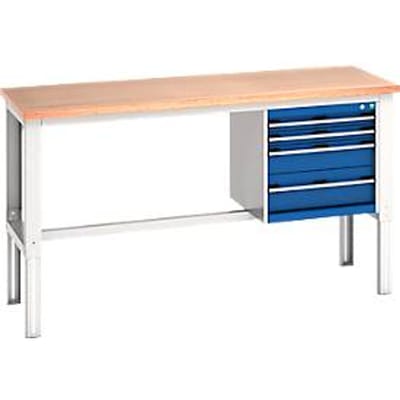 Bott cubio werkbank, handmatig in hoogte verstelbaar, beuken multiplex blad, B 2000 x D 750 x H 740-1140 mm, 600 kg, lichtgrijs/gentiaanblauw