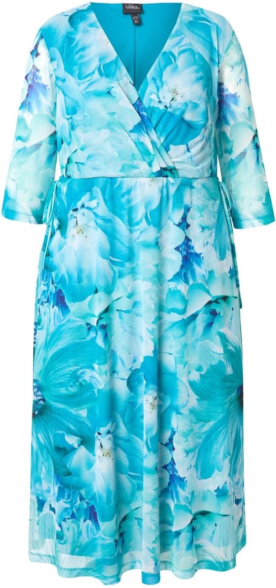 Ulla Popken - Dames - Mesh maxi-jurk bloemen V-hals 3/4-mouwen - Koningsblauw - Maat 46+