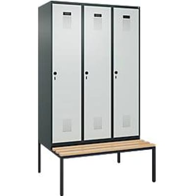 C+P Evolo Plus garderobekast, 3 vakken, 400 mm vakbreedte, met bank eronder, B 1200 x D 815 x H 2120 mm, draaibare grendel, antracietgrijs/lichtgrijs