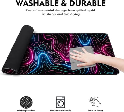 Gaming muismat XXL, muismat 900 x 400 mm, grote bureauonderlegger met antislip rubberen basis, bureaumat voor toetsenbord, pc, laptop (neonlijn)