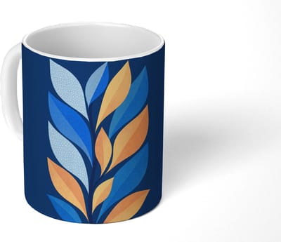 Mok - Koffiemok - Abstract - Bladeren - Blauw - Mokken - 350 ML - Beker - Koffiemokken - Theemok