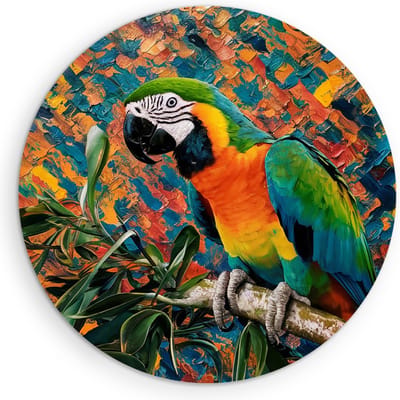 Saammp Muurcirkel Hout - papegaai op tak - Dieren - Bloemen - Ø 90 - Wandcirkel - Wanddecoratie Cirkel - muurdecoratie Woonkamer - Slaapkamer decoratie - Rond Schilderij