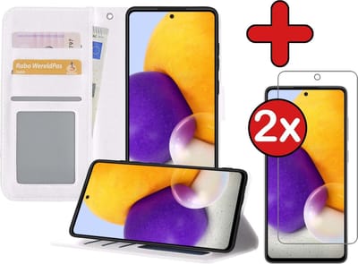 Hoesje - Met 2x Screenprotector - Geschikt voor Samsung Galaxy A72 5G - Luxe Pasjeshouder - Flip Case - Bookcase Portemonee - Kunstleer Book Case - Flipcase Hoes - Book Cover - Walletcase - Portemonneehoes - Telefoonhoes - Wit