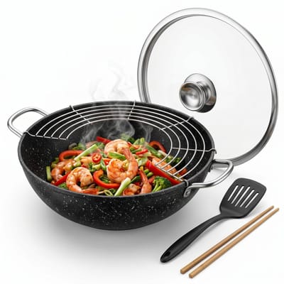 Lomera Gietijzeren Wokpan - Wok met Glazen Deksel en Aromaknop - Inductie - BBQ - Wadjan - PFAS Vrij - Marmeren Coating - Anti-aanbaklaag - Grillrooster