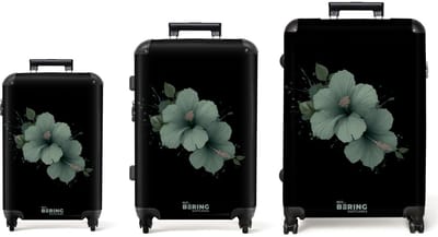 NoBoringSuitcases.com® - Kofferset 3 delig - Koffer lichtgewicht - Zwart met groene hibiscusbloem - Reiskoffer set met 4 wielen - Handbagage trolley - Middelgrote rolkoffer - Ruimbagage koffer - Koffers met TSA slot