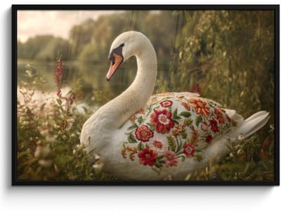 Poster in lijst - Fotolijst 120x80 cm - Posters - Zwaan - Bloemen - Natuur - Posterlijst zwart - Decoratie - Wanddecoratie woonkamer - Muurdecoratie slaapkamer