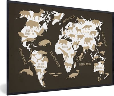 Poster in lijst - Fotolijst 90x60 cm - Posters - Wereldkaart - Dieren - Beige - Posterlijst zwart - Decoratie - Wanddecoratie woonkamer - Muurdecoratie slaapkamer