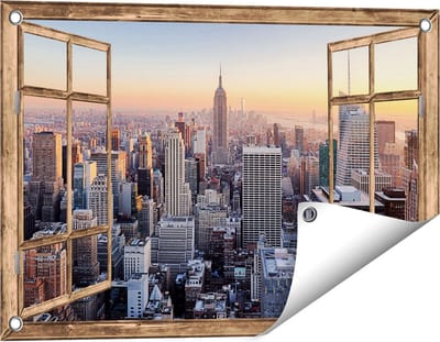 Gards Tuinposter Doorkijk New York Skyline met Wolkenkrabbers - 60x40 cm - Tuindoek - Tuindecoratie - Wanddecoratie buiten - Tuinschilderij