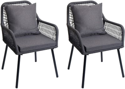 Set van 2 tuinstoelen MCW-O12, zit-/rugkussen aluminium touwvlechtwerk Rope ~ antraciet, bekleding donkergrijs