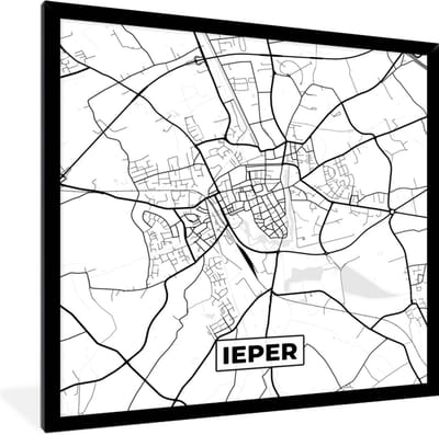 Fotolijst incl. Poster Zwart Wit- België – Ieper – Stadskaart – Kaart – Zwart Wit – Plattegrond - 40x40 cm - Posterlijst
