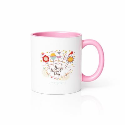 Happy Mother's Day Mok - Bloemen Design & Vogels - Keramiek - 330 ml - Roze/Wit