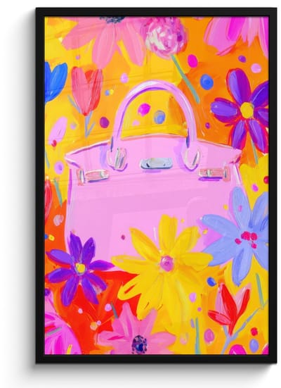 Poster in lijst - Fotolijst 60x90 cm - Posters - Tas - Roze - Bloemen - Posterlijst zwart - Decoratie - Wanddecoratie woonkamer - Muurdecoratie slaapkamer