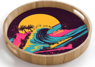 Dienblad rond 40x40 cm - Schootdienblad hout - Golf - Kleurrijk - Zon - Palmbomen - Borrelplank rechthoek - Plateau houten dienbladen