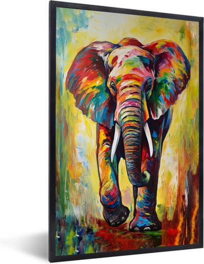 Poster in lijst - Olifant - Verf - Regenboog - Dieren - Fotolijst - Wanddecoratie - Poster - Slaapkamer - 60x90 cm - Kamerdecoratie - Foto in lijst - Muurdecoratie