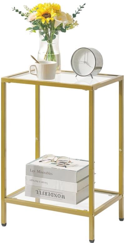 Gouden Bijzettafel, 2-laags Sofa Eindtafel, Bedtafels met Gehard Glas, Salontafel voor Woonkamer, Slaapkamer, Thuiskantoor, Industriële Stijl 38×28×56CM HGD002G