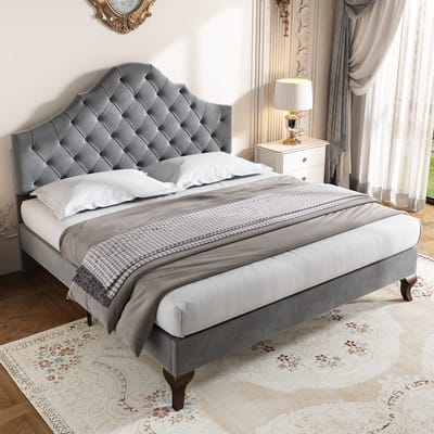 SINGULARITY-Gestoffeerd bed 140 x 200 met lattenbodem en hoofdbord- gestoffeerd bed met in hoogte verstelbaar hoofdbord- fluweel- grijs- zonder matras