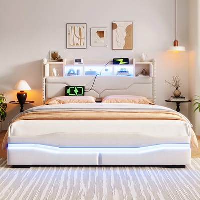 Pugsdrly Gestoffeerd bed, 160 x 200 cm, met USB-aansluiting, oplaadfunctie, sfeerverlichtingsstrip met afstandsbediening onder het bed, hoofdeinde met opbergvak, bed met hydraulisch opbergvak, zonder matras, met LED-lampjes, beige
