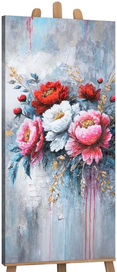 Canvas schilderij panoramisch 115x50 handgeschilderd bloeiende pioenen bloemen – YS-Art Gallery – Romantische wanddecoratie voor woonkamer – Modern schilderij voor hal