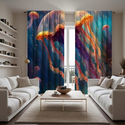 2 stuks HD Zeebodem Wereld lichtgevende kwallen decoratief gordijn Kleursysteem digitaal bedrukt gordijn Huisdecoratie stijl Dec W52H63inchW132H160cm white