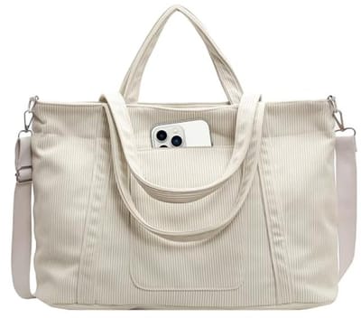 Dames Corduroy Tote Bag - Grote Strandtas met Rits - Shopper Bag voor Werk, Reizen, School, en Gym