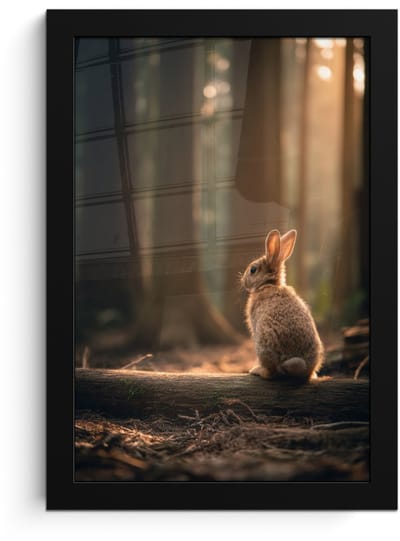Poster in lijst - Fotolijst 20x30 cm - Posters - Konijn - Bos - Zonnestralen - Posterlijst zwart - Decoratie - Wanddecoratie woonkamer - Muurdecoratie slaapkamer