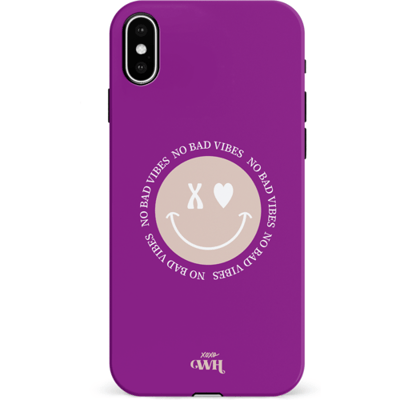 xoxo Wildhearts No Bad Vibes Purple - Double Layer - Hard case hoesje geschikt voor iPhone X / Xs hoesje - Hoesje met smiley / emoji - Beschermhoes geschikt voor iPhone X / Xs case met print - paars