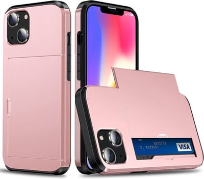 Hoesje met Kaarthouder Slider Geschikt voor Apple iPhone 14 | Pasjeshouder Achterkant | Kaarthouder voor twee á drie pasjes | Roze Goud
