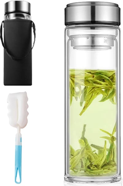 Dailygoods- Drinkfles 1 Liter Dubbelwandig - Glazen Fles - Theefles met Zeef - Roestvrij Staal - Inclusief Potborstel - Slijtvast en Stabiliteit