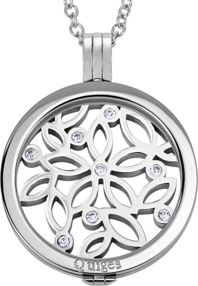 Quiges - Munthouder met Ketting en Munt 33mm Zirkonia Bloemen - RVS Zilverkleurig - ERHS349