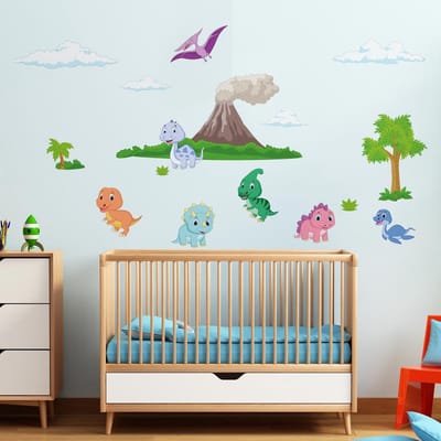 Muurstickers - Dinosaurussen en de vulkaan - Zelfklevende stickers - 150x100cm
