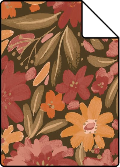 Proefstaal ESTAhome behang bloemen groen, rood en oranje - 26.5 x 21 cm - 132197-S