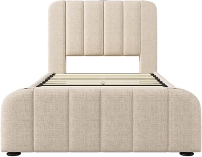 Gotagee Gestoffeerd bed 90x200cm eenpersoonsbed (zonder matras) jeugdbed beige linnen met gouden sierstrepen en USB Type-C oplaadfunctie met 4 lades
