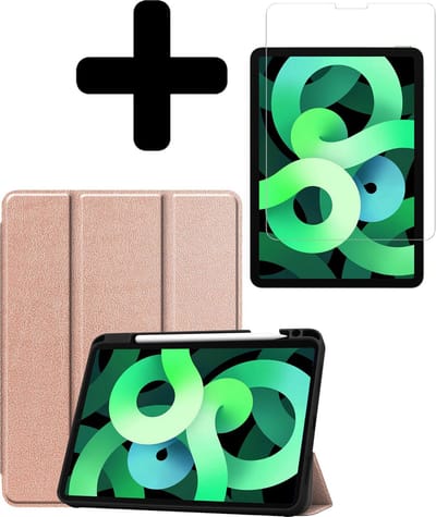Hoes - Geschikt voor Apple iPad Air 4 (2020) - 10.9 inch - 4e Generatie - Met Screenprotector - Trifold Bookcase - Hard Cover Case - Met Uitsparing Geschikt voor Apple Pencil - Hardcover Book - Tablet Hoesje - Rosé goud