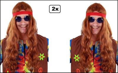 2x Hippie Pruik lang bruin met rode hoofdband - Hippy - Themafeest party 70s and 80s party power flower festival thema