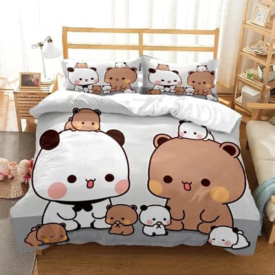 Schattige Bubu Dudu Cartoon Beer Panda Dekbedovertrek Kawaii Beddengoedsets Zachte Dekbedovertrek en Kussenslopen Eenpersoons/Tweepersoons/Queen/King Jongens 150X200cm-3pcs